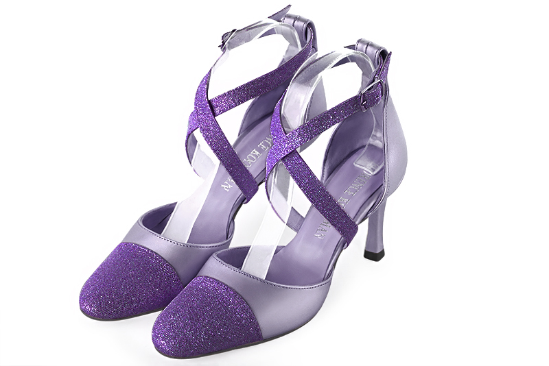 Amethyst purple women's open side shoes, with crossed straps. Round toe. High slim heel. Front view - Florence KOOIJMAN